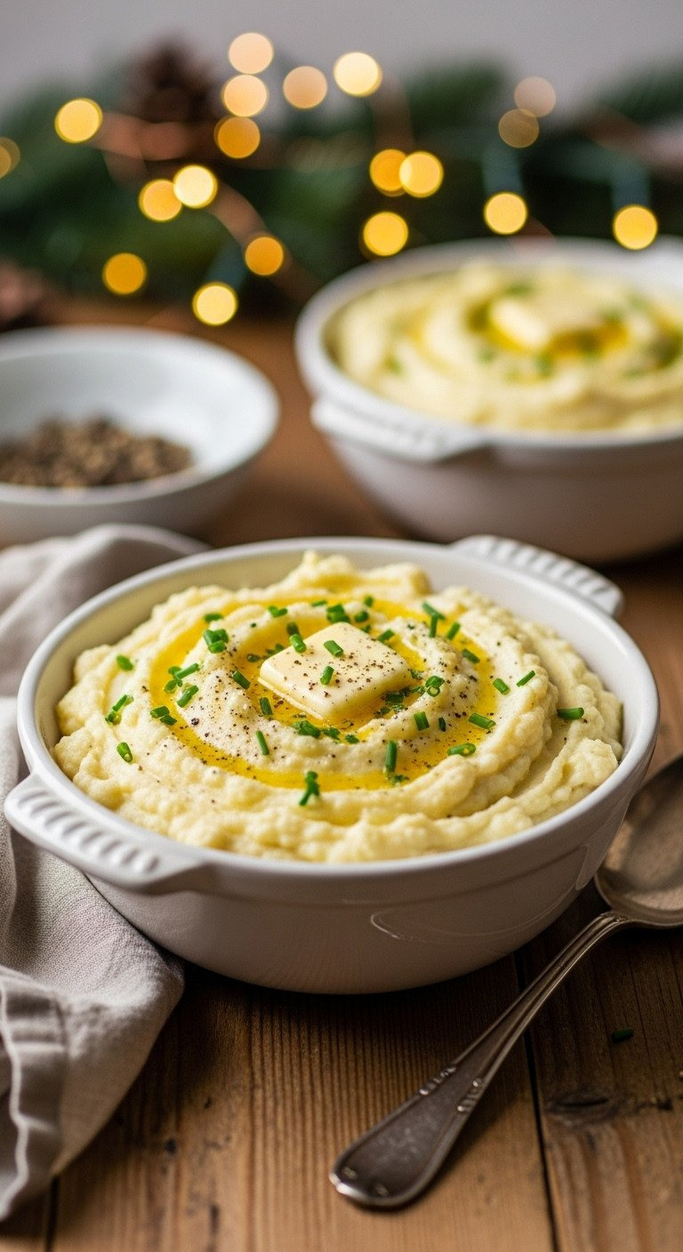 Creamy Cauliflower Mash With Melted Butter, Fresh Chives, Black Pepper In A Vintage Bowl On A Rustic Wooden Table, Festive Christmas Setting.