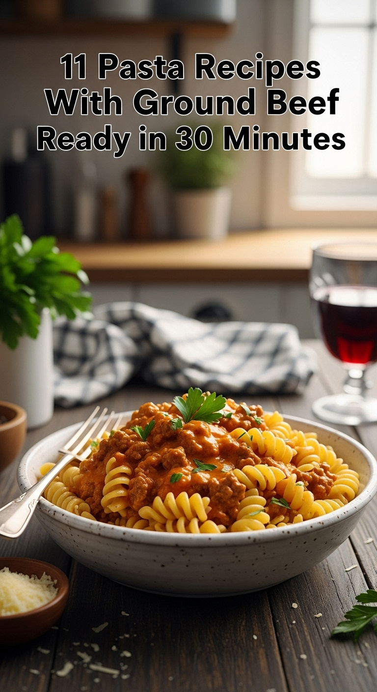 Creamy Cheesy Italian Rotini Pasta With Ground Beef And Tomato Cream Sauce In A Rustic White Bowl On A Dark Wood Table