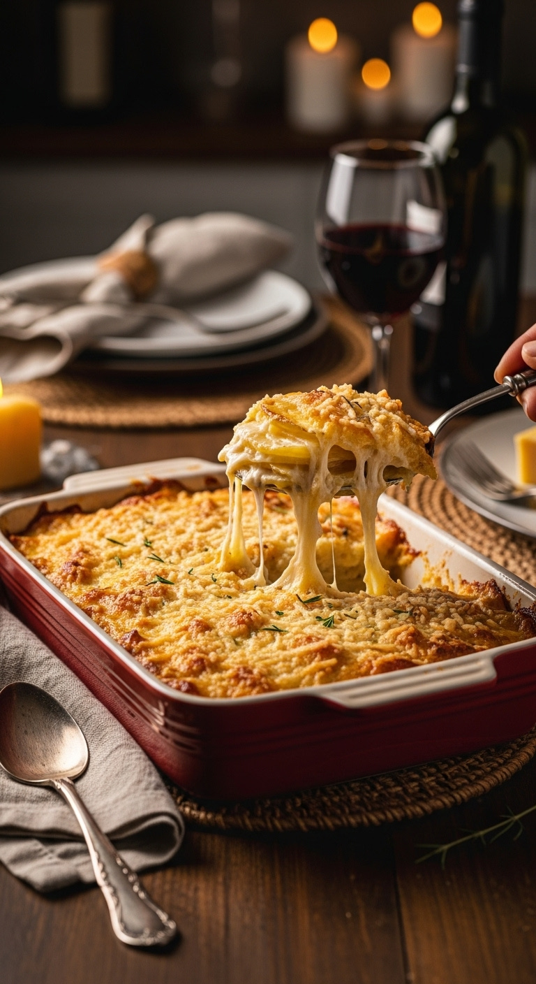 Creamy Cheesy Au Gratin Potatoes In A Ceramic Baking Dish With A Golden Crust And A Serving Spoon On A Dark Wood Table