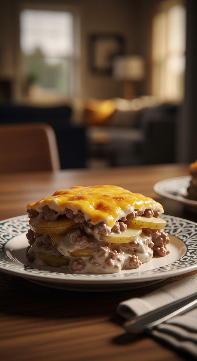 Creamy Cheesy Crockpot Hamburger Potato Casserole With Layers Of Potatoes Ground Beef And Melted Cheese On A Ceramic Plate