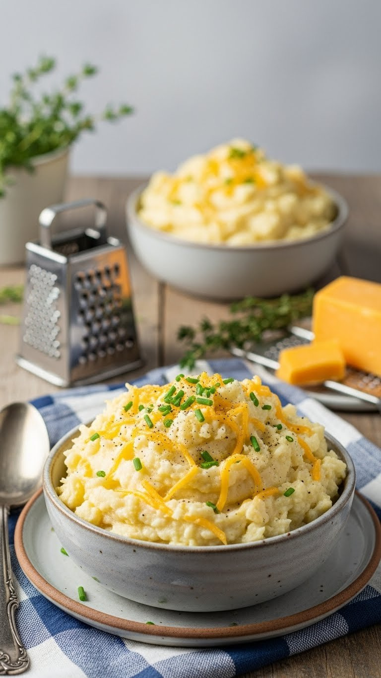 Creamy Cheesy Keto Cauliflower Mash With Chives In An Artisanal Bowl On A Farmhouse Table With A Checkered Napkin.