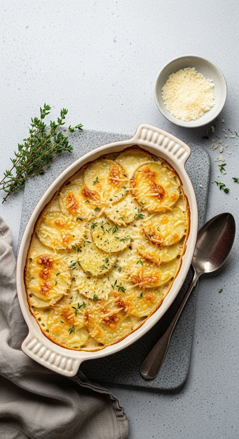 Creamy, Cheesy Potato Gratin With Golden-Brown Gruyère Parmesan Crust And Fresh Thyme, In An Oval Ceramic Dish On Stone Surface.