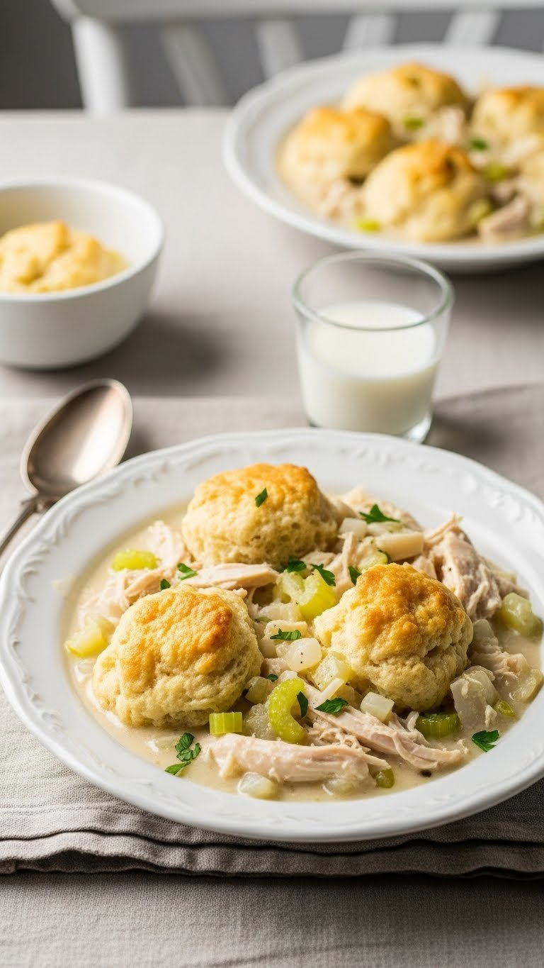 Creamy Chicken And Dumpling Stew With Fluffy Biscuits And Shredded Chicken In Vintage Ceramic Bowl