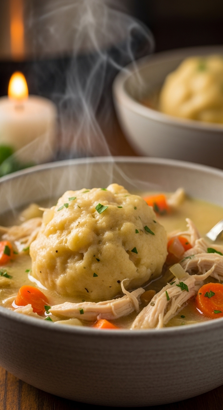 Creamy Chicken And Dumplings In A Rustic Bowl With Fluffy Dumpling, Vegetables, And Steam Rising