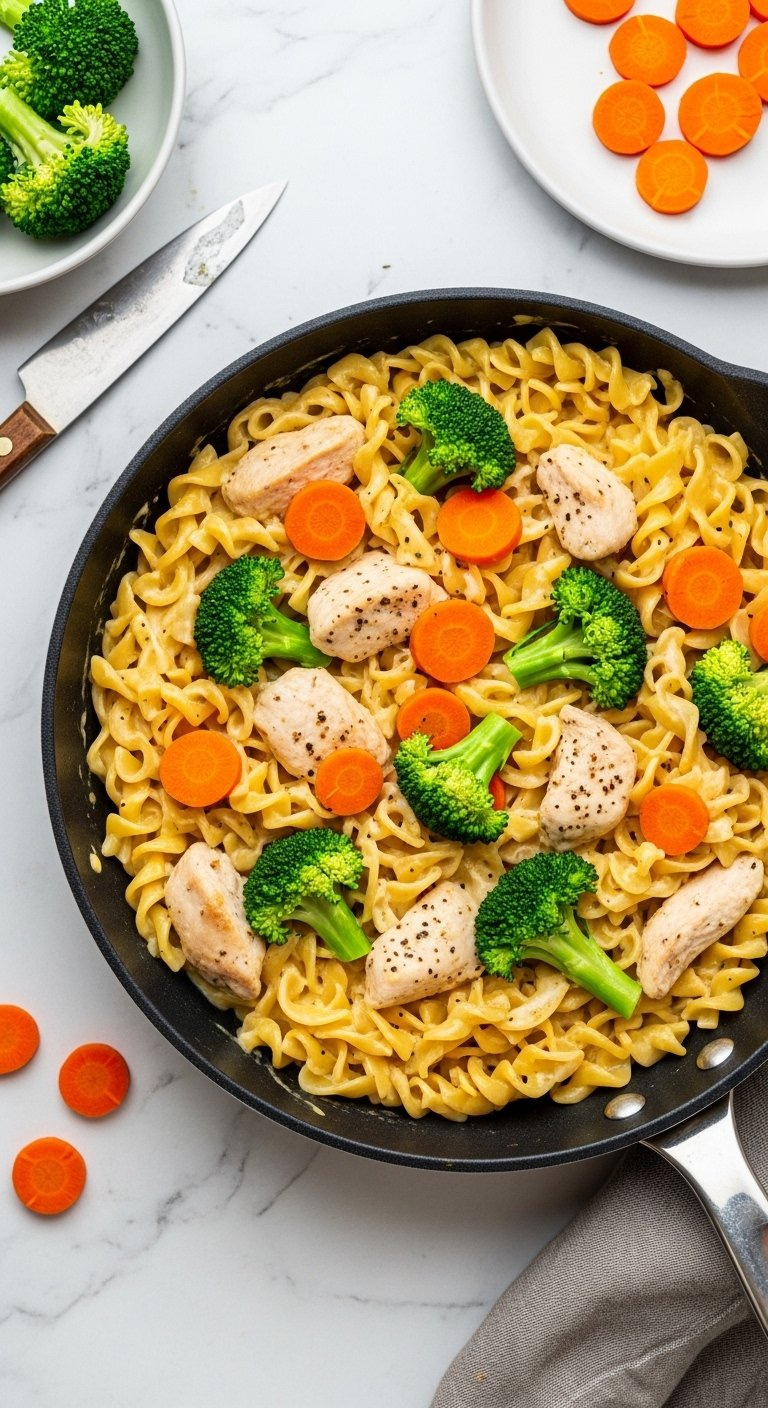 Creamy Chicken And Noodle Skillet With Vibrant Broccoli Florets And Orange Carrot Coins.