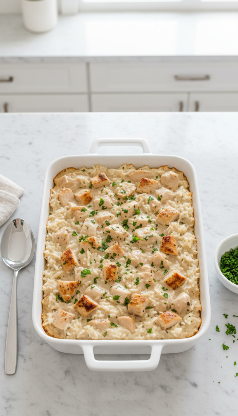 Creamy Chicken And Rice Casserole In A White Dish Garnished With Fresh Parsley On A Marble Counter.