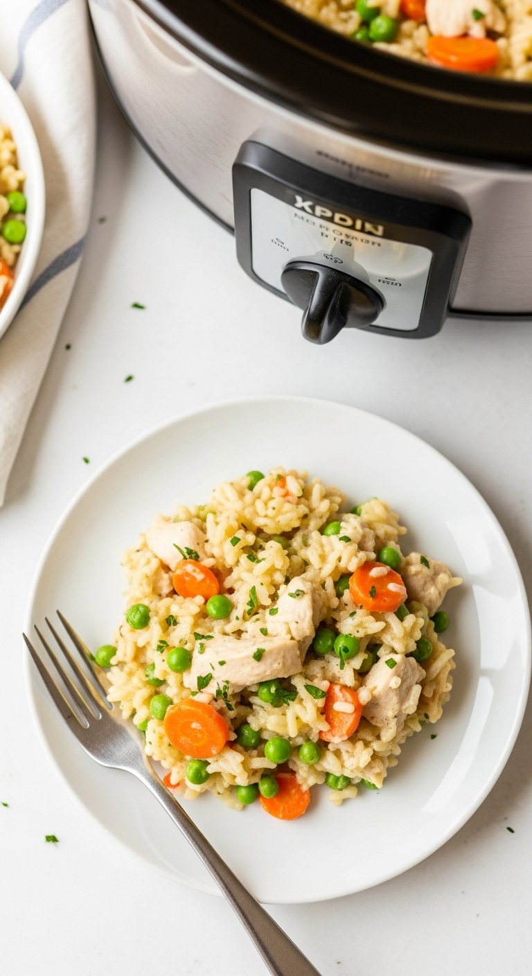 Creamy Chicken And Rice Casserole With Carrots And Peas In A Comforting Plate