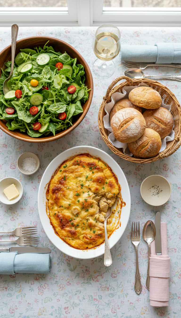 Creamy Chicken Bake Served With Salad And Crusty Bread On A Festive Easter Dinner Table.