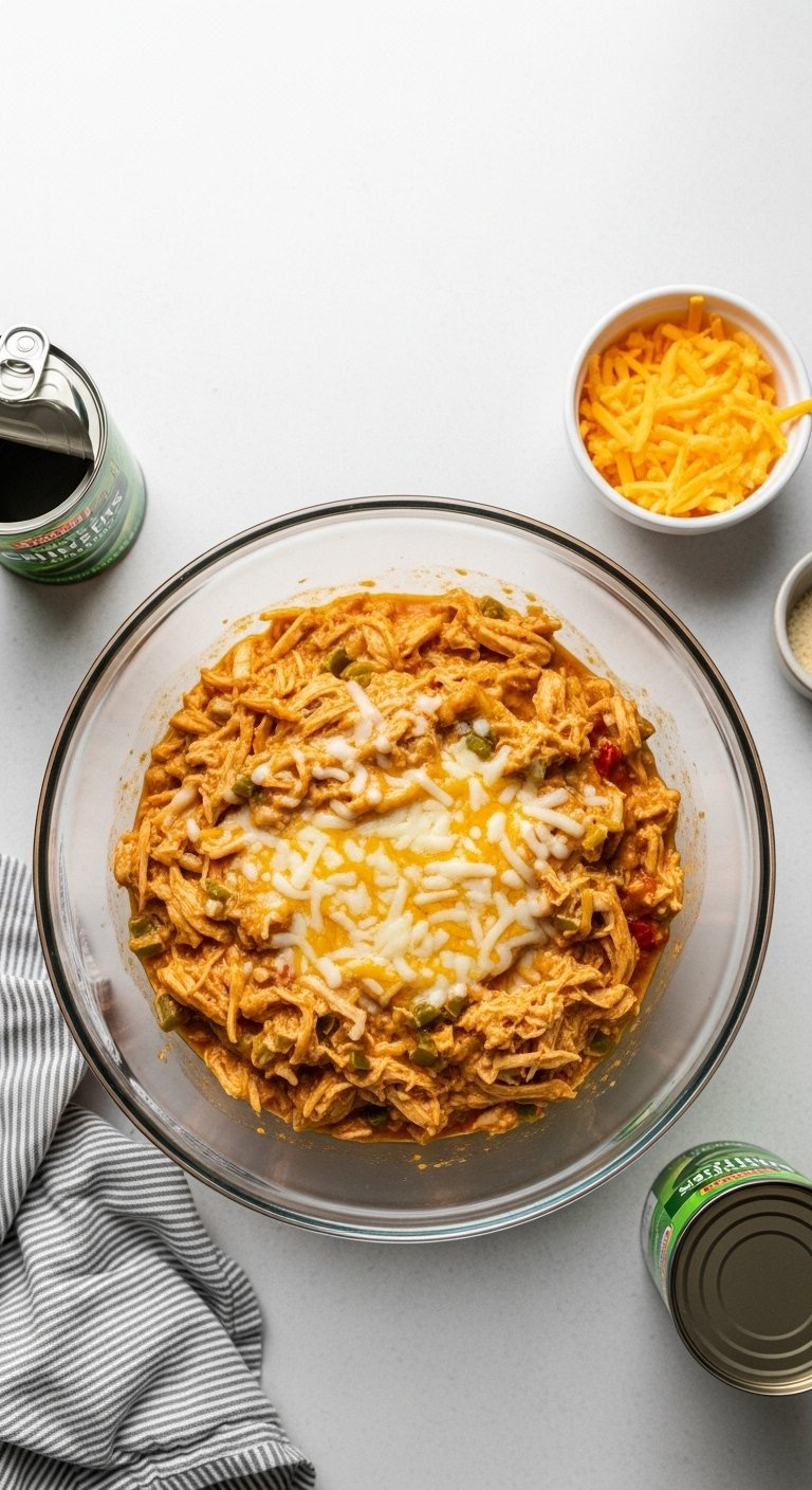 Creamy Chicken Enchilada Filling With Melted Cheese And Green Chiles In A Large Glass Bowl.