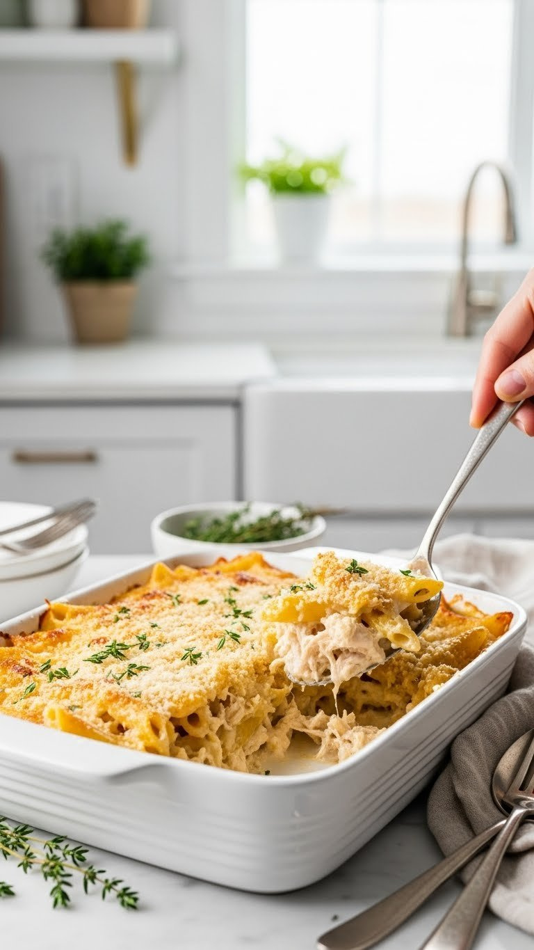 Creamy Chicken Pasta Bake With Golden-Brown Parmesan Crust Topped With Tender Shredded Chicken And Penne Pasta.