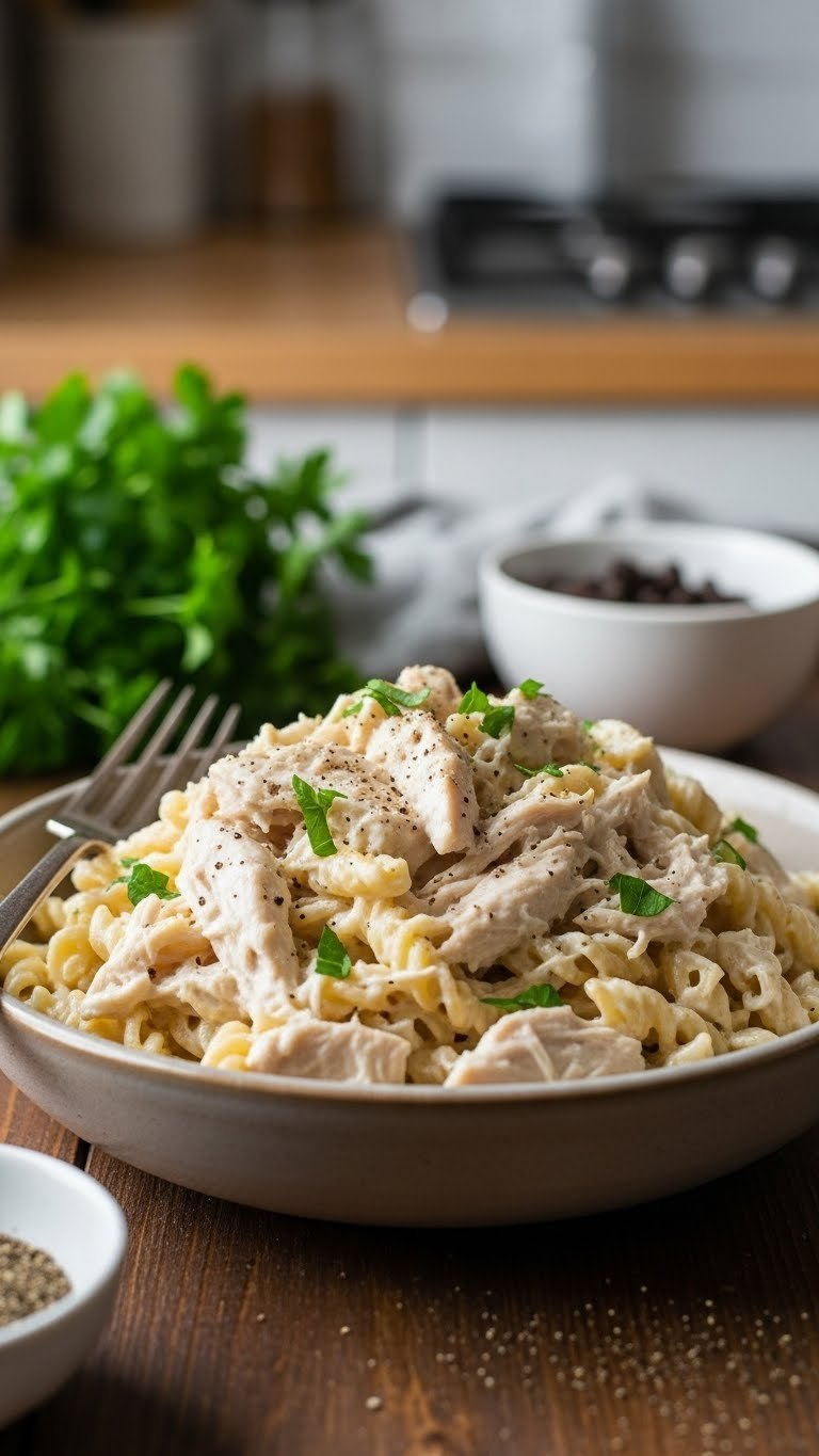 Creamy Chicken Pasta With Parsley Garnish In Rustic Ceramic Bowl On Dark Wooden Table With Soft Natural Lighting