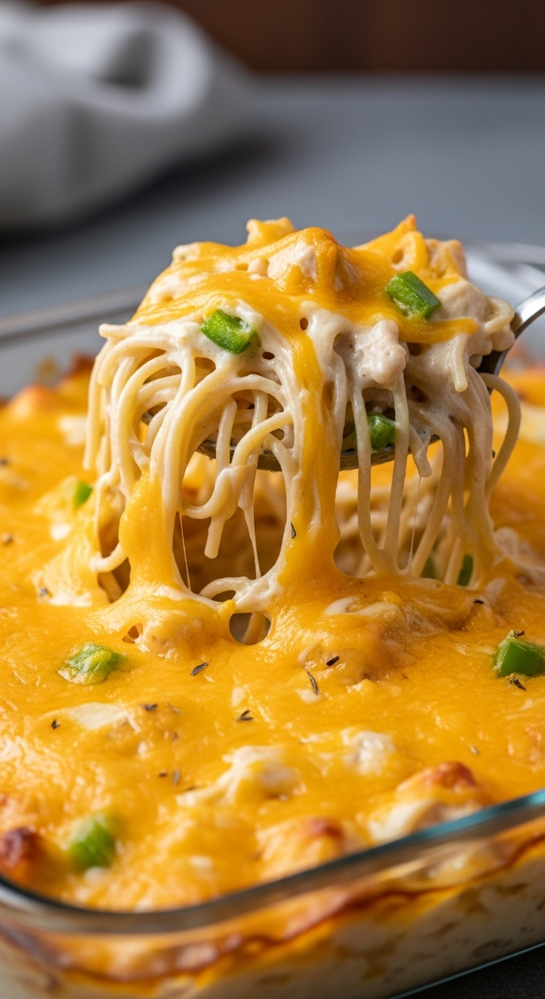Creamy Chicken Spaghetti With Cheesy Golden Top And Bell Pepper