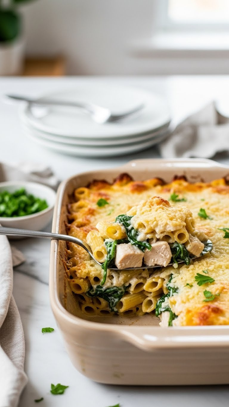 Creamy Chicken Spinach Pasta Bake With Golden Cheese Topping In Ceramic Dish On Marble Countertop