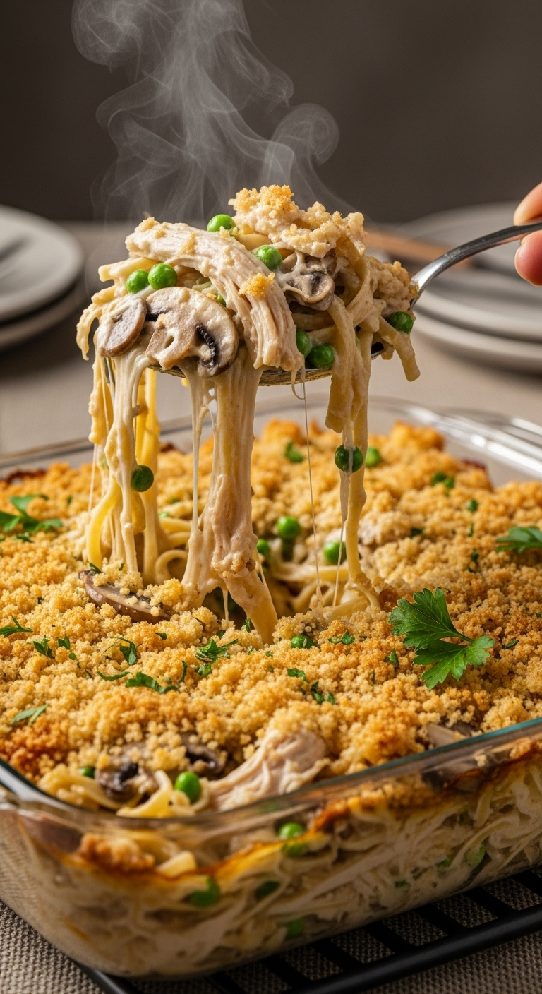 Creamy Chicken Tetrazzini With Linguine Mushrooms And Peas Lifted From A Glass Baking Dish With A Golden Breadcrumb Topping
