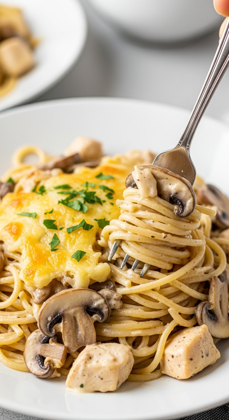Creamy Chicken Tetrazzini With Mushrooms And Fresh Parsley On A White Plate