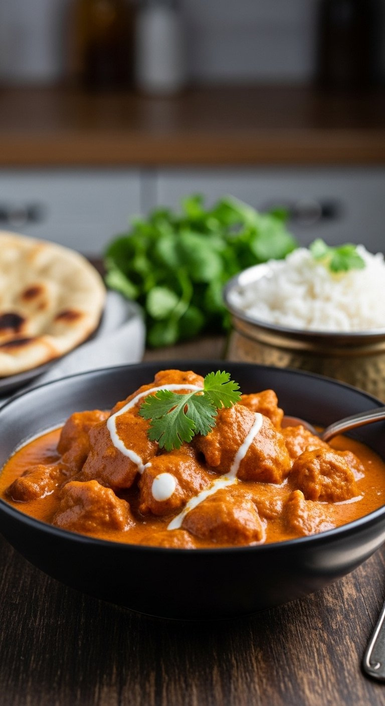 Creamy Chicken Tikka Masala In A Dark Ceramic Bowl Garnished With Cilantro And Naan Bread.