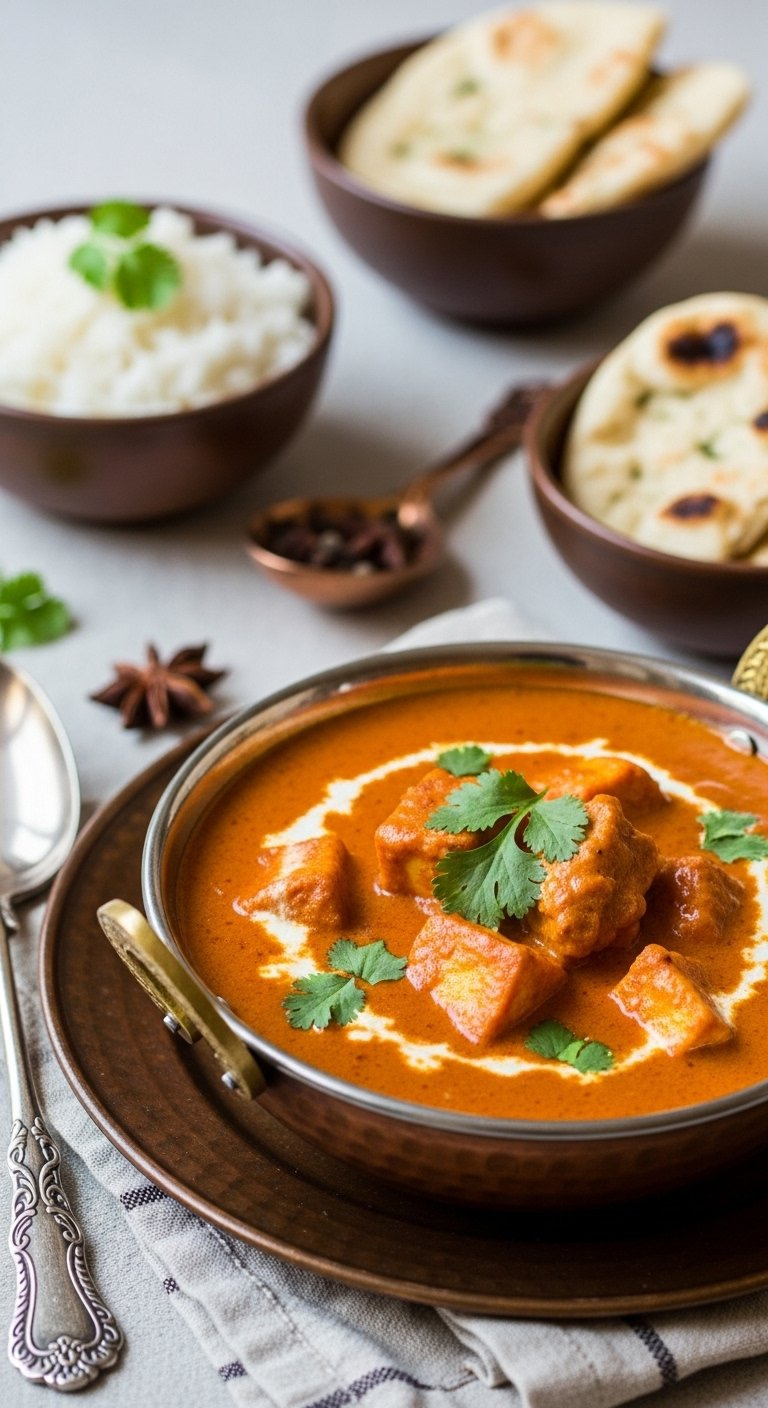 Creamy Chicken Tikka Masala Simmering In A Traditional Copper Karahi With Fresh Cilantro Garnish.