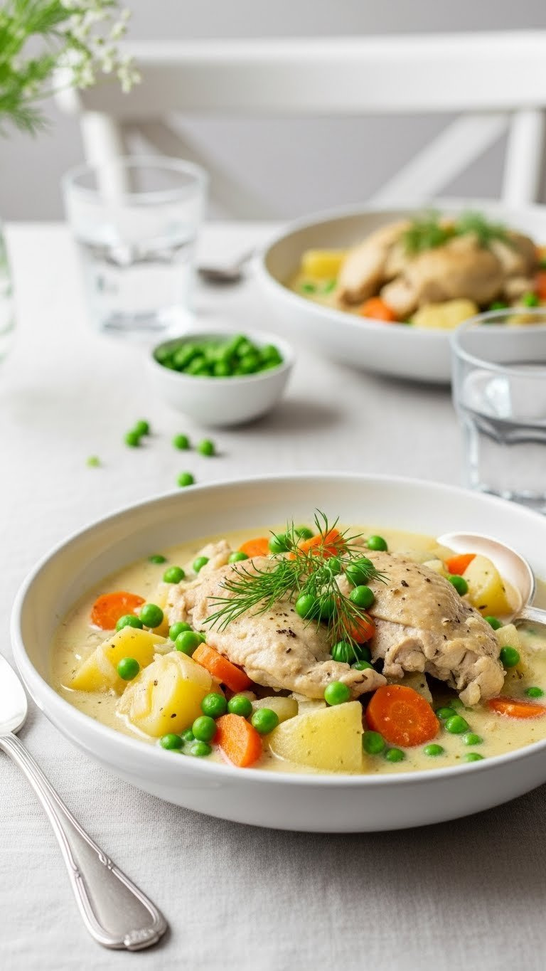 Creamy Chicken Vegetable Stew With Tender Pieces, Peas, Carrots, And Potatoes In Bright White Bowl On Linen Tablecloth