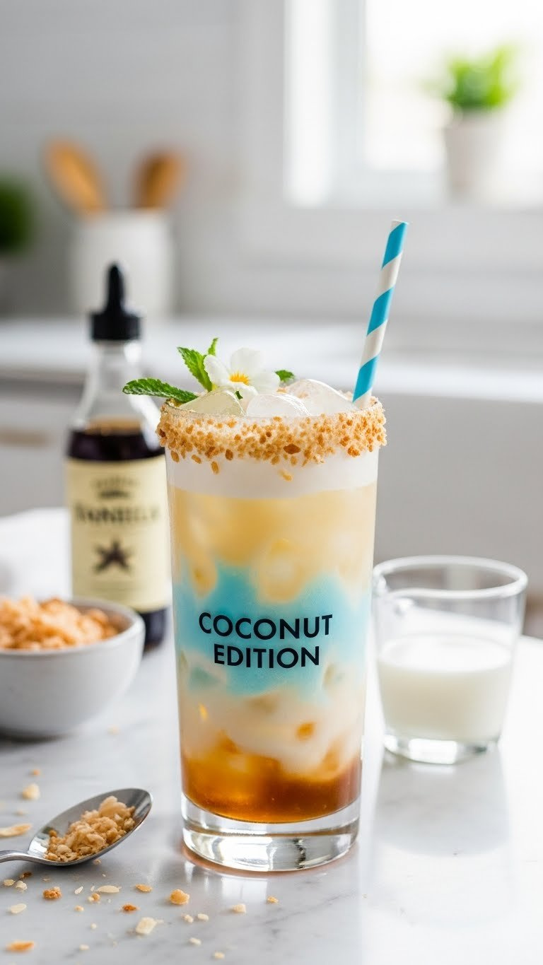 Creamy Coconut Red Bull Soda With Toasted Coconut Rim And White Flower Garnish On Marble Countertop