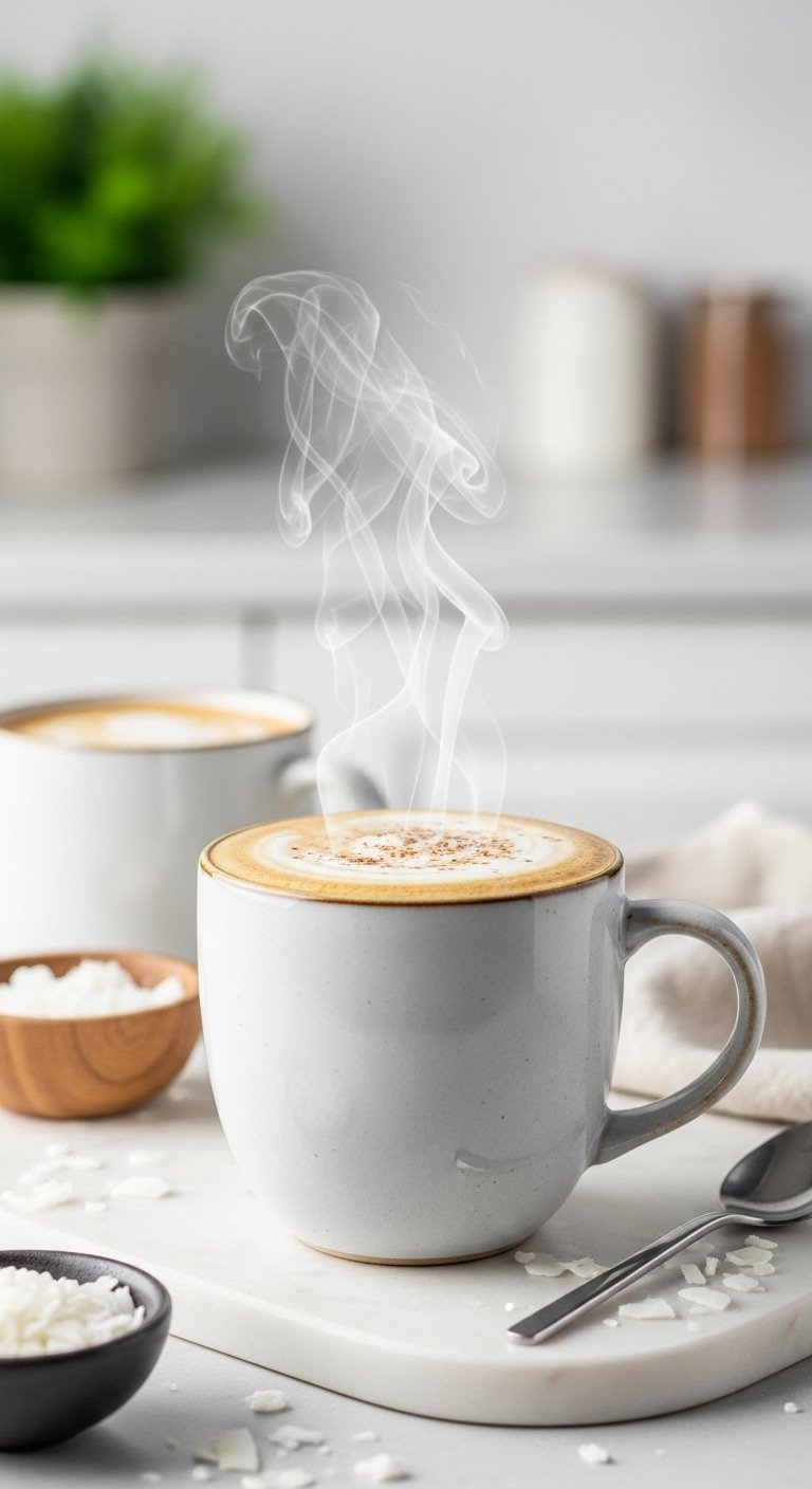 Creamy Coconut Milk Coffee Topped With Frothed Coconut Milk And Toasted Coconut Flakes In Charming Ceramic Mug.