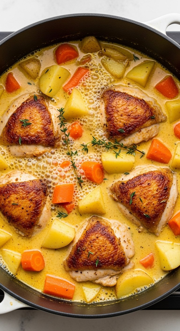 Creamy Coconut Milk Curry Simmering With Chicken, Potatoes, Carrots, And Fresh Thyme Sprigs.
