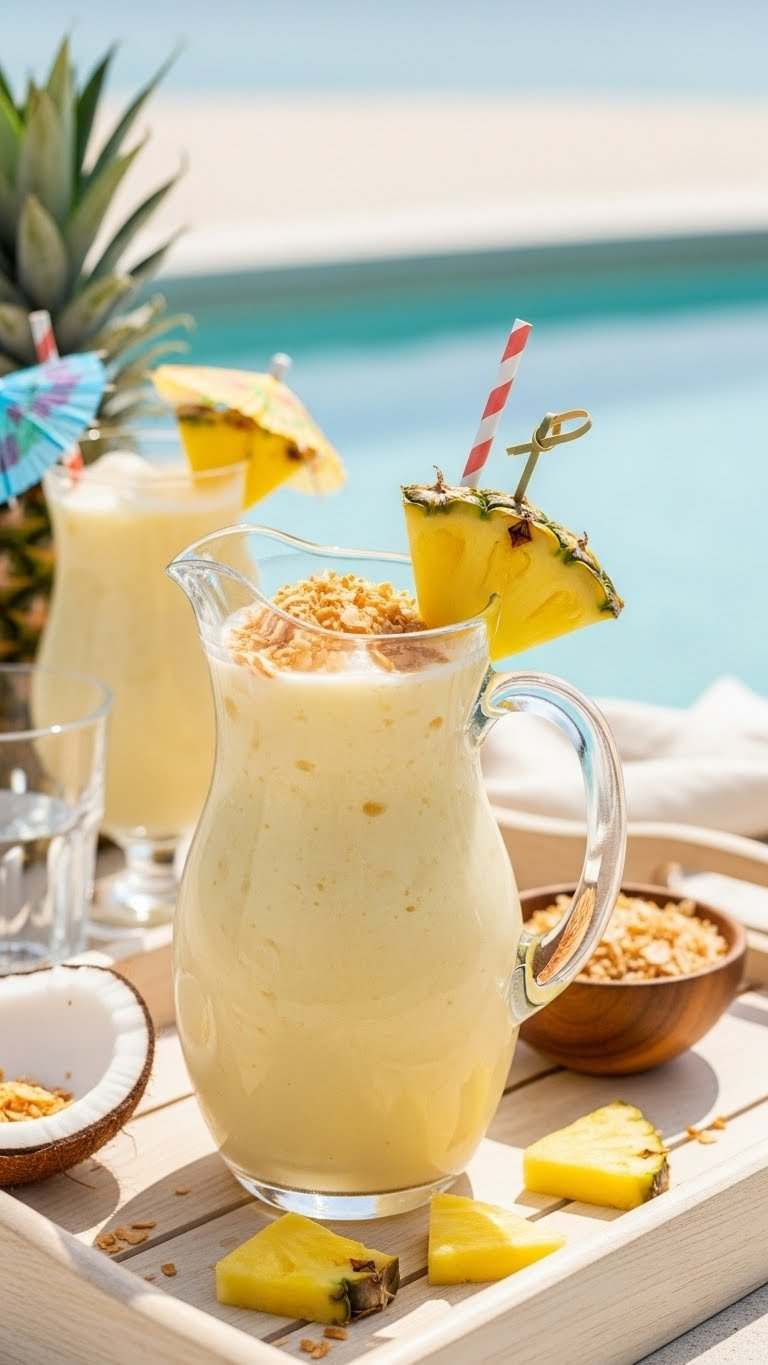 Creamy Coconut Pineapple Delight In Clear Glass Pitcher With Pineapple Wedges And Toasted Coconut Flakes On Serving Tray