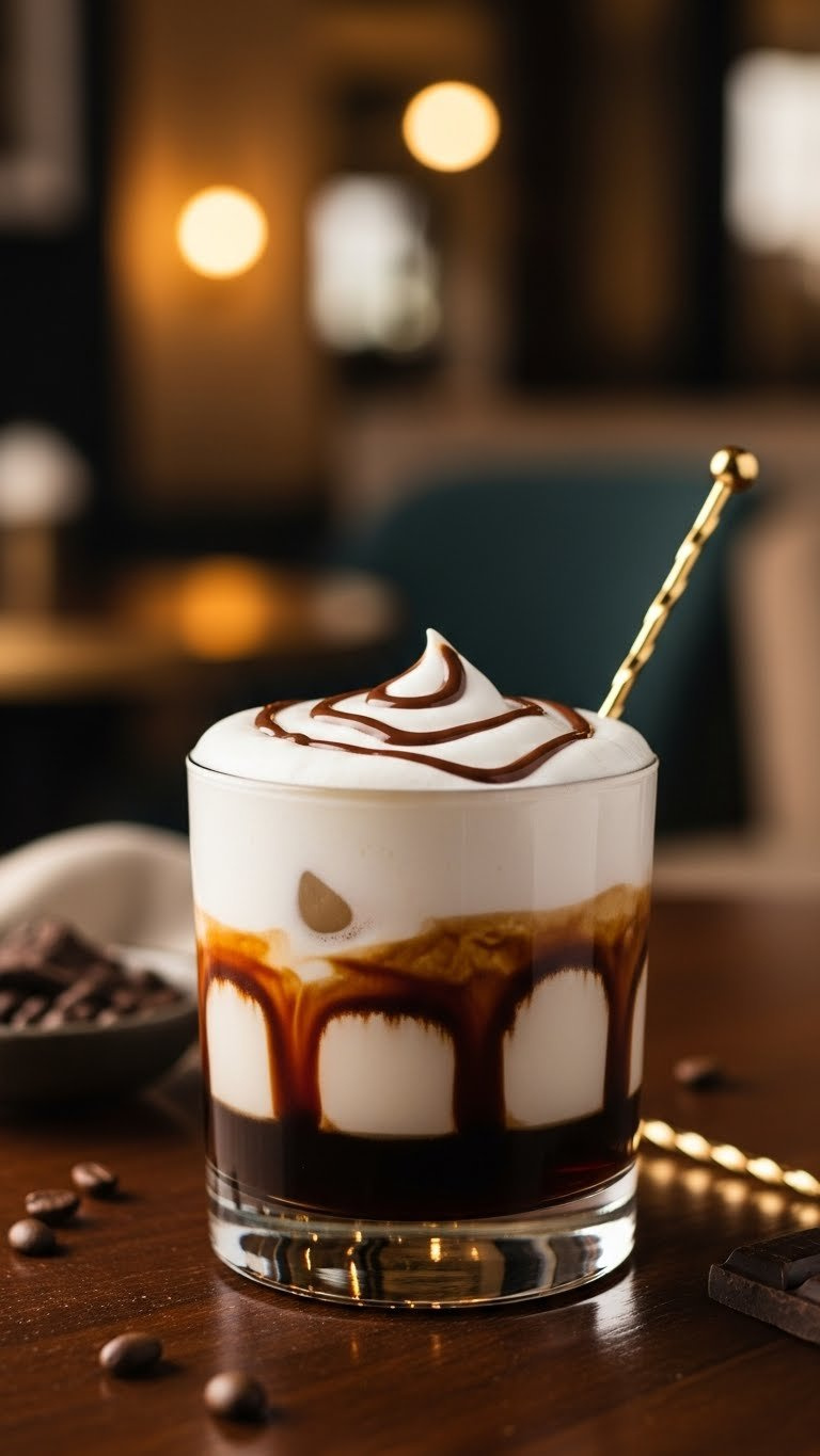 Creamy Coffee Liqueur Cloud Cocktail With Layered Brown And White Foam Topped With White Chocolate Drizzle.
