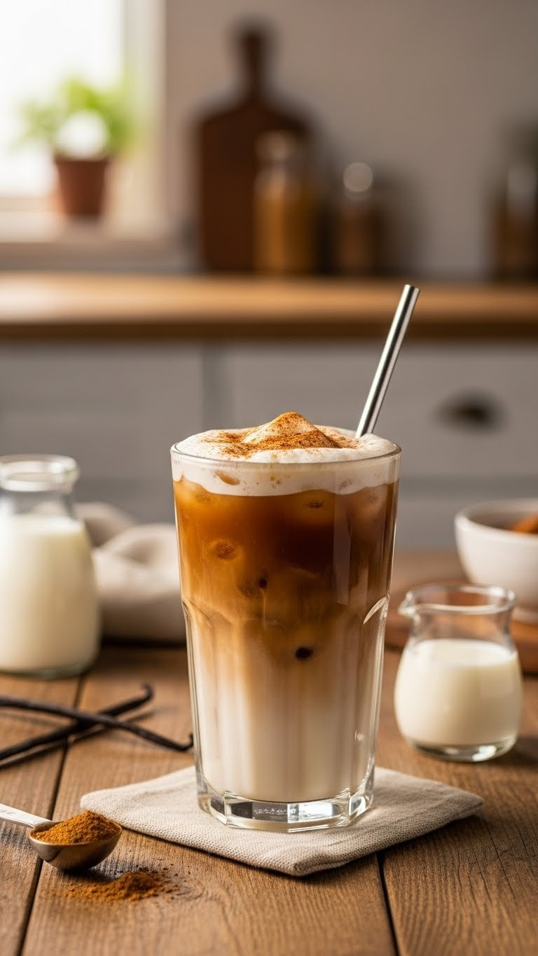 Creamy Cold Brew Vanilla Chai Iced Tea With Frothy Milk And Cinnamon Sprinkle On Rustic Wooden Table
