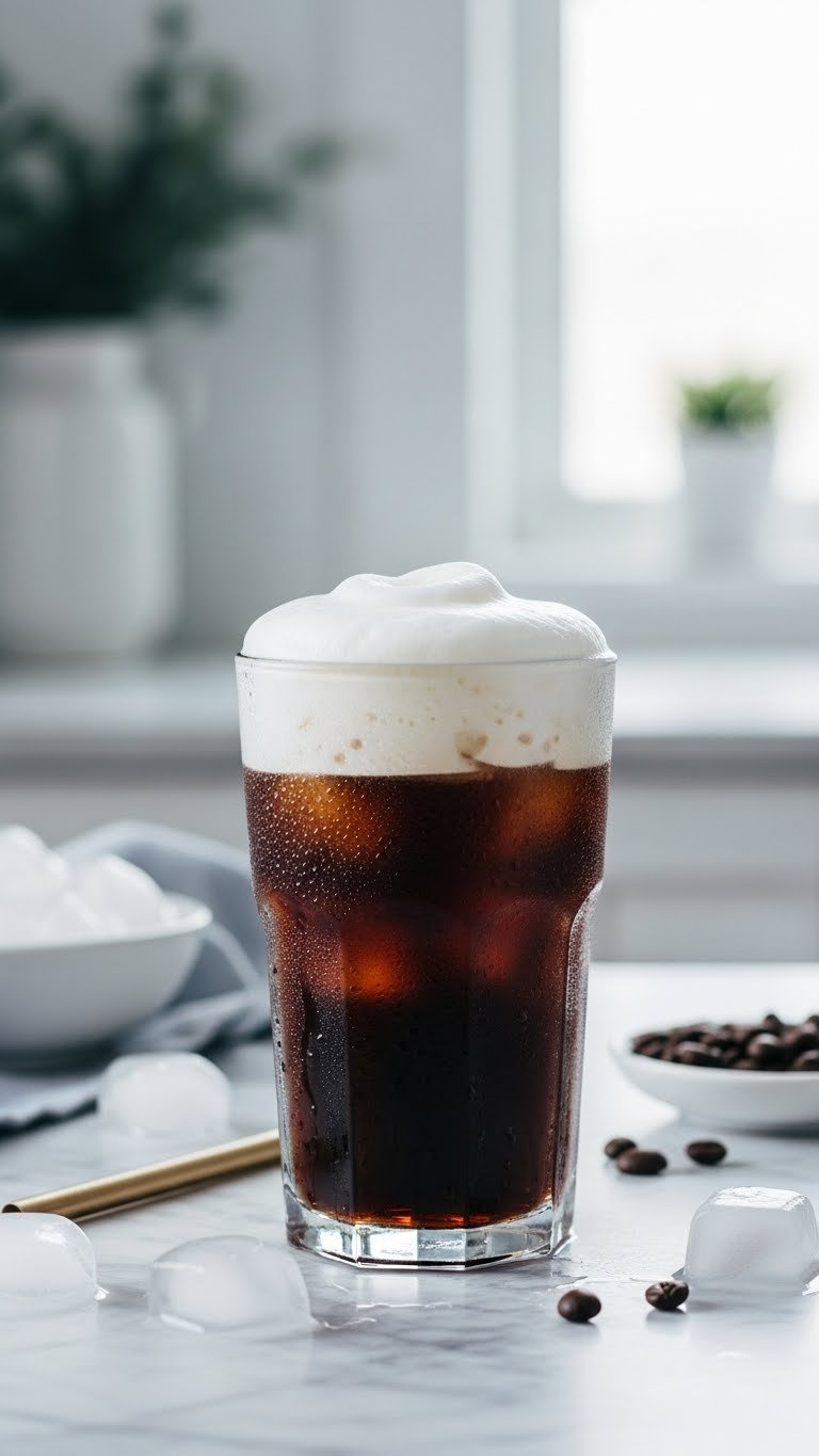 Creamy Cold Foam Cold Brew In Tall Glass With Dark Coffee Layer And White Foam, Condensation Visible On Marble Countertop.