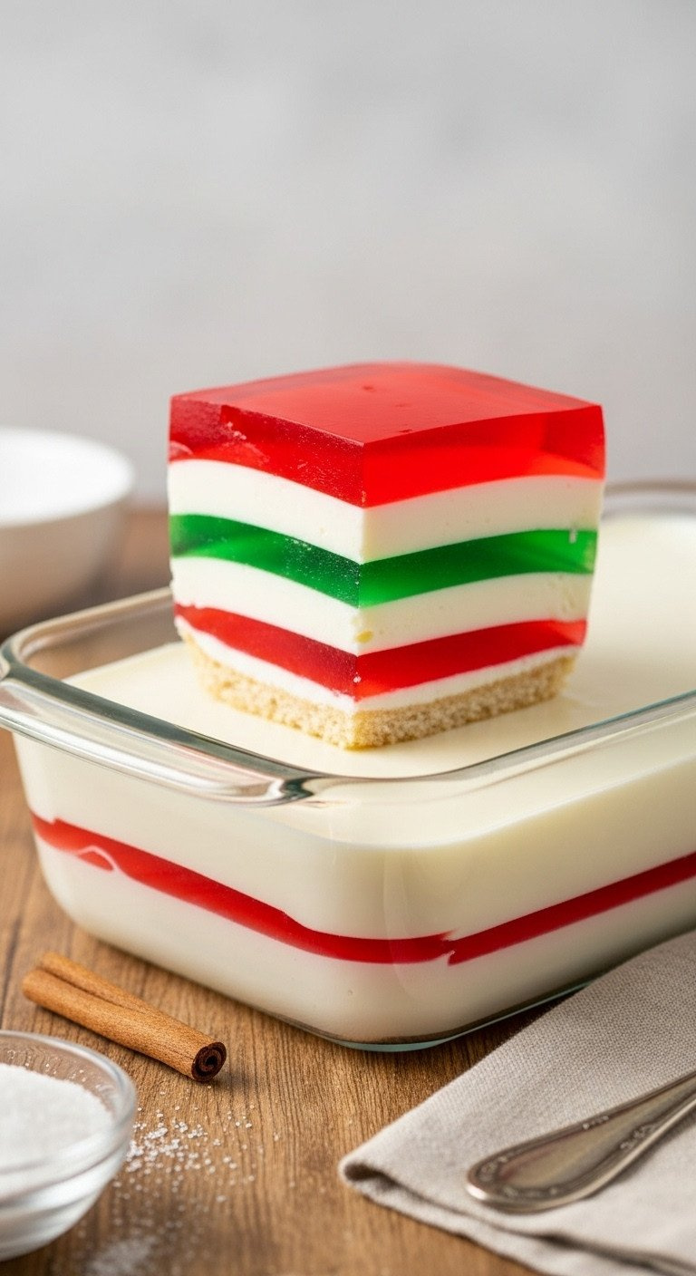 Creamy Condensed Milk Layered Jello In A Loaf Pan, Showing Vibrant Red, White, And Green Holiday Dessert Layers.