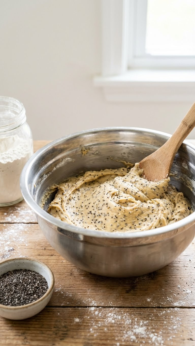 Creamy Cookie Dough With Visible Chia Seeds Mixing In A Stainless Steel Bowl With A Wooden Spatula; Perfect For Vegan Chia Egg Baking.