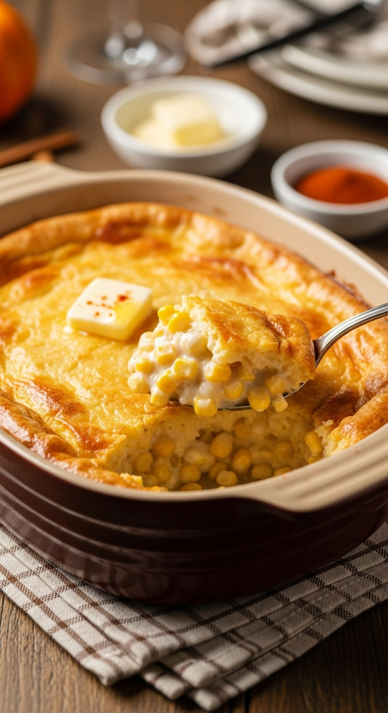 Creamy Corn Pudding With A Golden Brown Top And A Scoop Taken Out In A Stoneware Baking Dish
