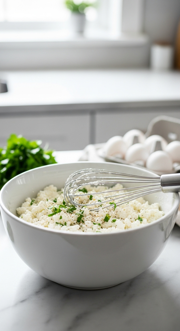 Creamy Cottage Cheese Filling With Parsley And Pepper In A White Bowl With A Whisk On A Marble Countertop Bright Natural Light