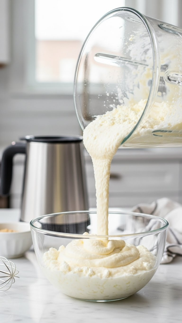 Creamy Cottage Cheese Puree Cascading Into Clear Glass Bowl On Marble Countertop With Blender And Whisk In Background