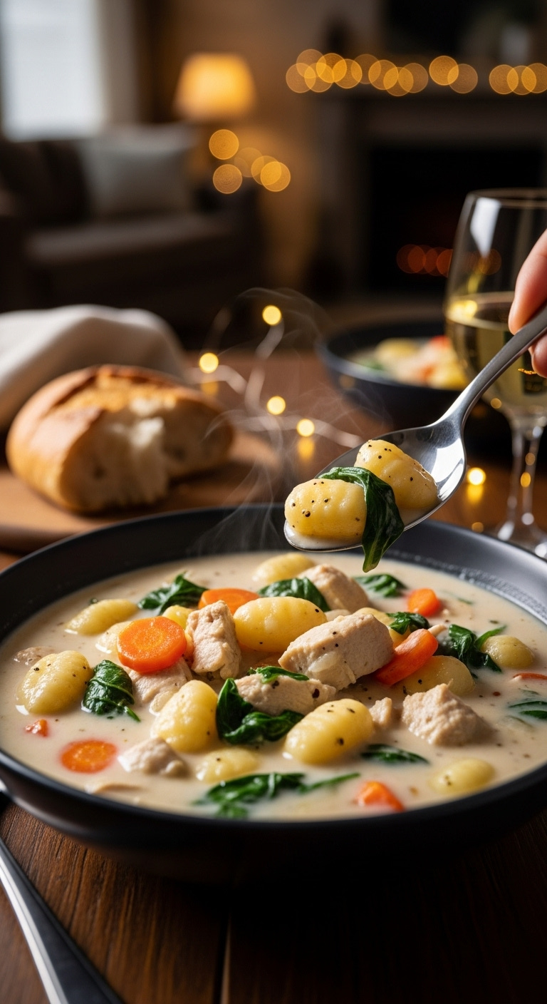 Creamy Crockpot Chicken Gnocchi Soup With Chicken Carrots And Spinach In A Deep Bowl With Bread And White Wine