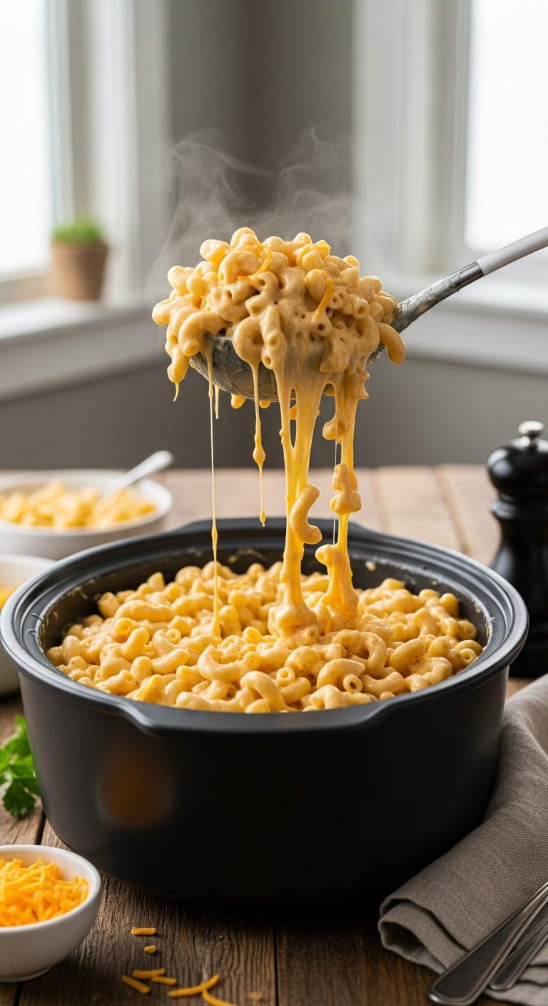 Creamy Crockpot Mac And Cheese With An Epic Cheese Pull, Served From A Dark Crockpot With A Spoon On A Rustic Wood Table.