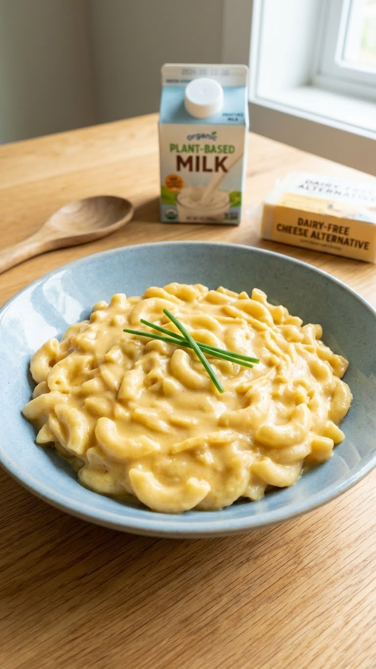 Creamy Dairy-Free Instant Pot Mac And Cheese With Plant-Based Cheese And Chives, Served In A Light Blue Stoneware Bowl.