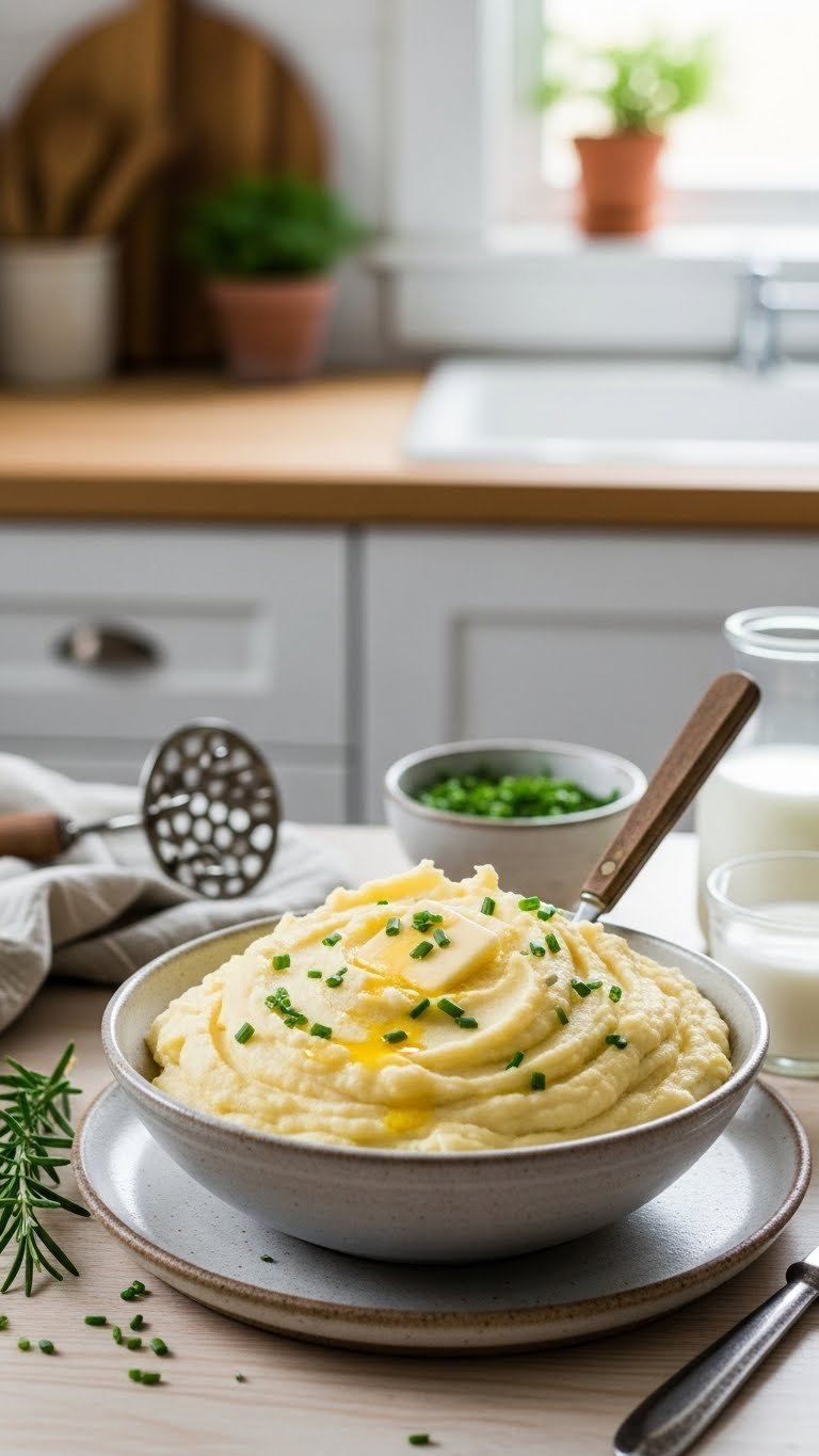 Creamy Dairy-Free Instant Pot Mashed Potatoes With Melting Butter, Chives, Rosemary, And Milk On A Wooden Countertop.