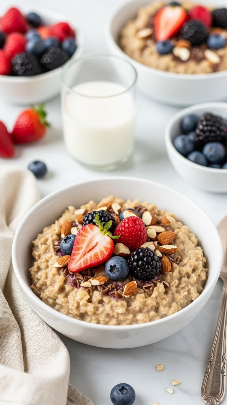Creamy Dairy-Free Instant Pot Steel Cut Oats With Fresh Berries, Almonds, And Maple Syrup On A Marble Countertop.