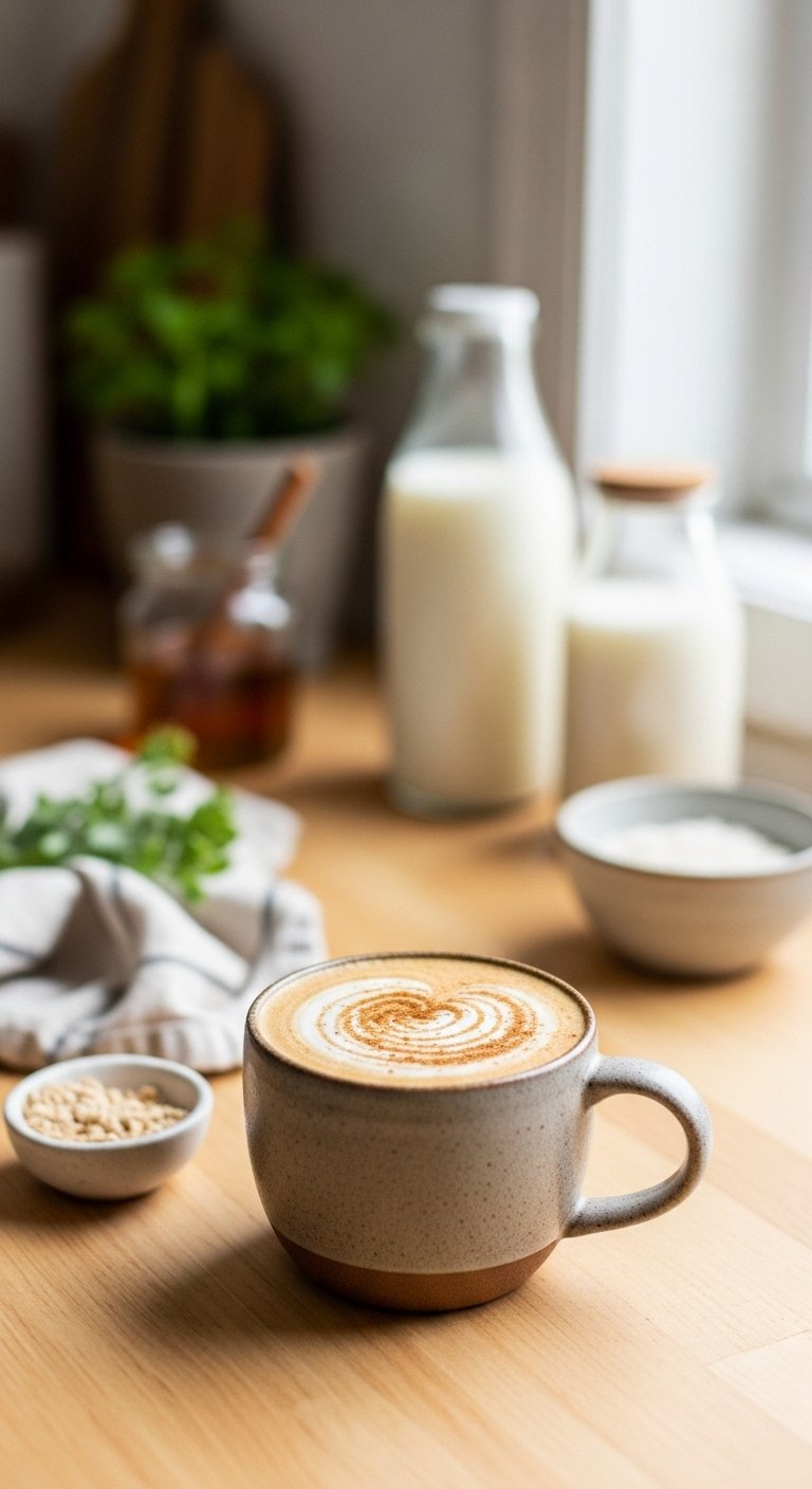 Creamy Dairy-Free Honey Cinnamon Latte With Oat Milk And Cinnamon Swirl In A Rustic Ceramic Mug On Light Wood.