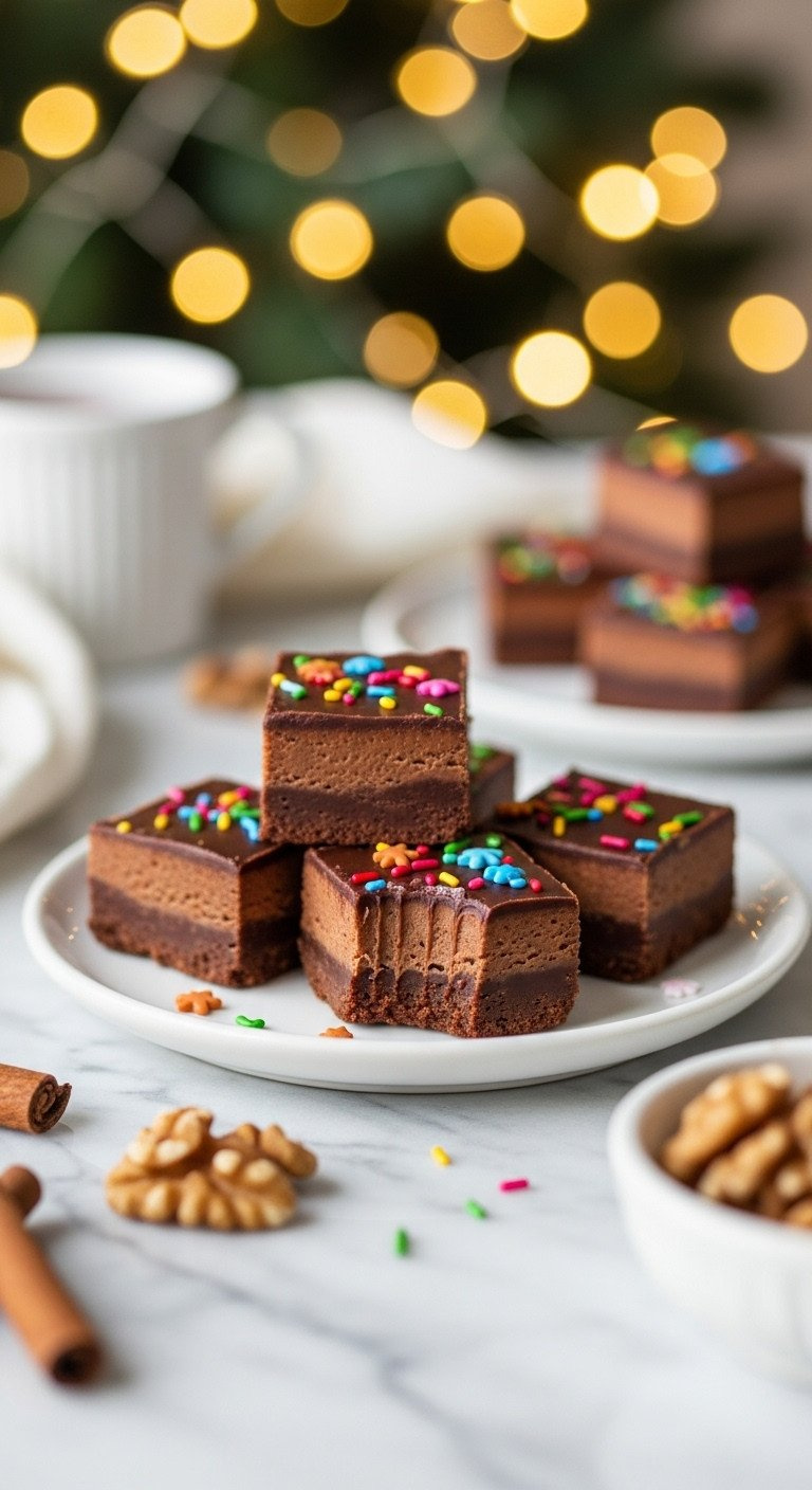 Creamy Dark Chocolate Fudge Squares On A White Plate, One With A Bite Taken, In Front Of Soft, Blurred Twinkle Lights.