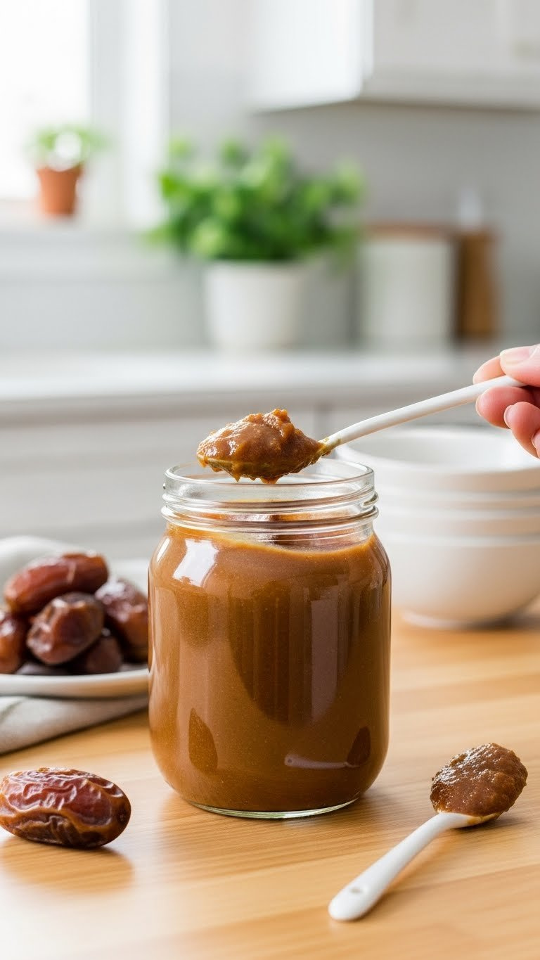 Creamy Date Paste In A Glass Jar With A Spoonful On A White Spoon, Surrounded By Medjool Dates On A Natural Wood Countertop.