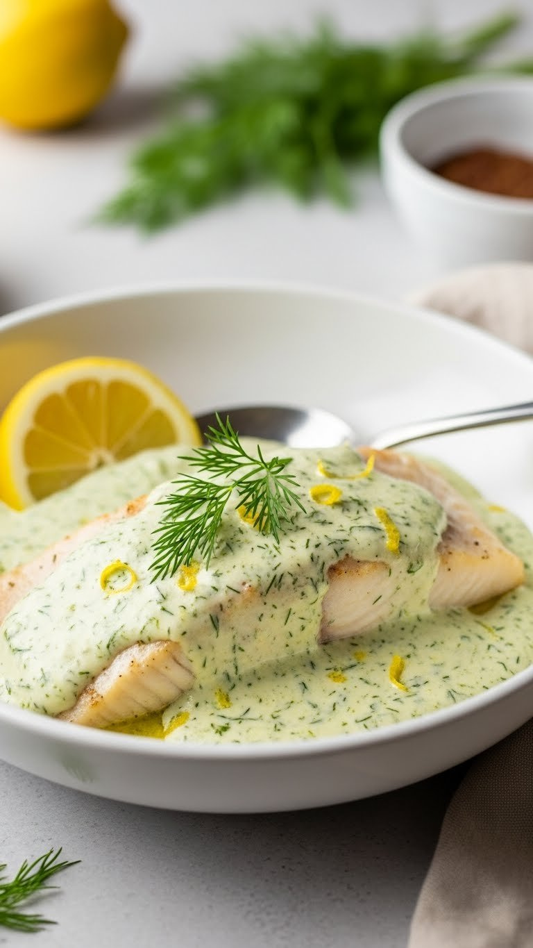 Creamy Dill Baked Tilapia Fillet In Pale Green Sauce Garnished With Fresh Dill Fronds And Lemon Zest
