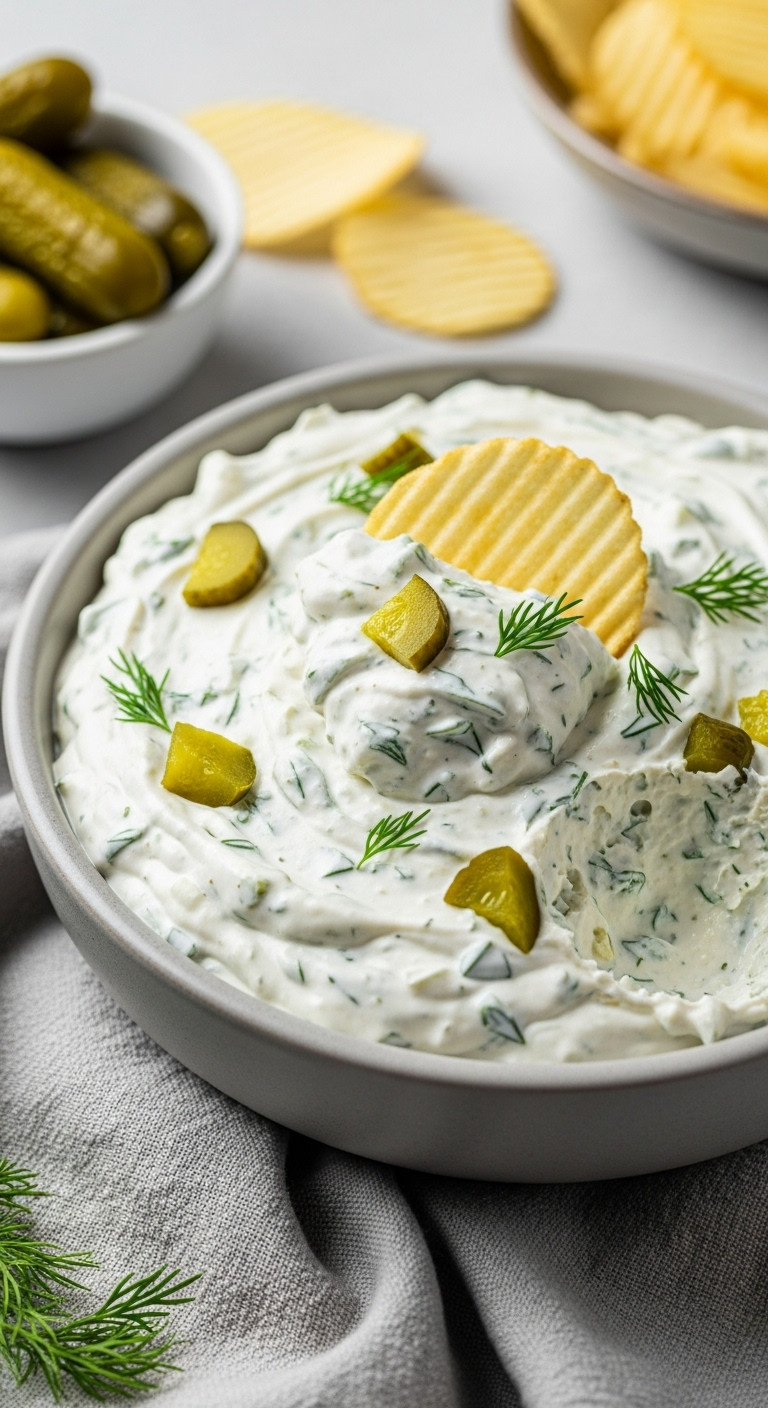 Creamy Dill Pickle Dip With Visible Chunks Of Pickles &Amp; Fresh Dill. Potato Chip Scooping. Easy Party Appetizer.