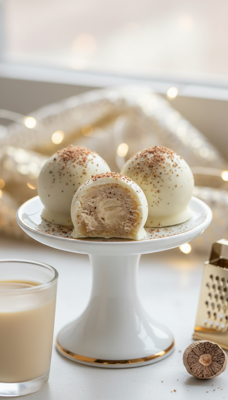 Creamy Eggnog Truffles Coated In White Chocolate, Dusted With Nutmeg, On An Elegant Pedestal. Festive Holiday Dessert.