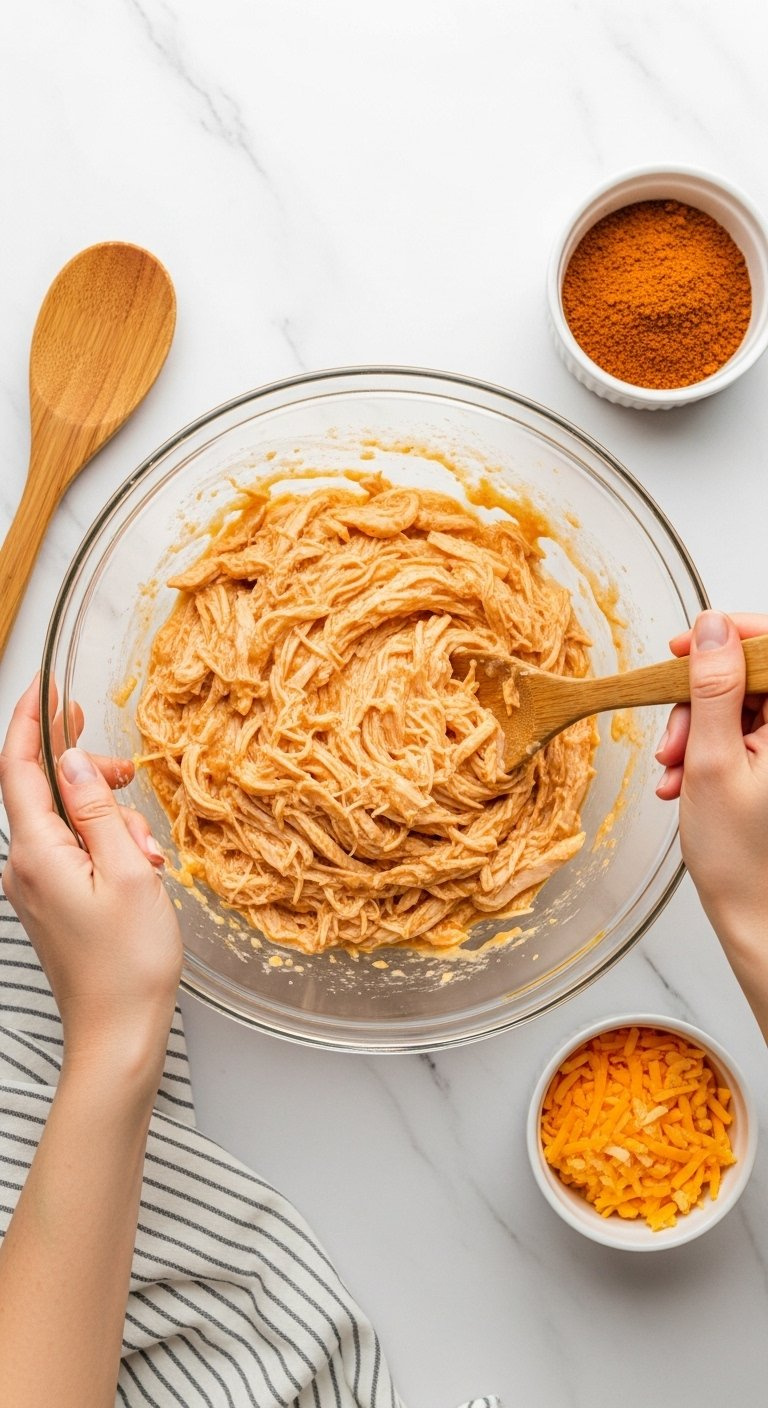 Creamy Enchilada Filling Of Shredded Chicken And Melted Cheese Mixed In A Large Glass Bowl With A Wooden Spoon.