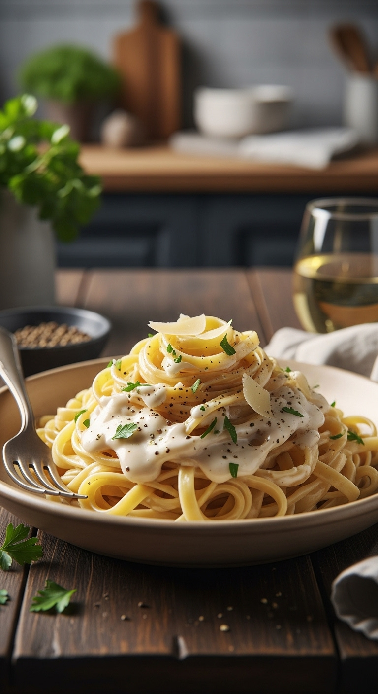 Creamy Fettuccine Alfredo With Parsley And Parmesan In A Rustic Bowl On A Dark Wood Table With Wine And Napkin Soft Natural Light