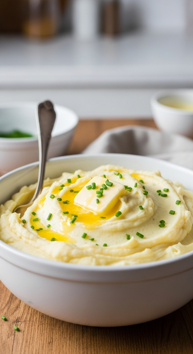 Creamy, Fluffy Mashed Potatoes With Melted Butter And Fresh Chives In A White Ceramic Bowl On A Rustic Wooden Table.