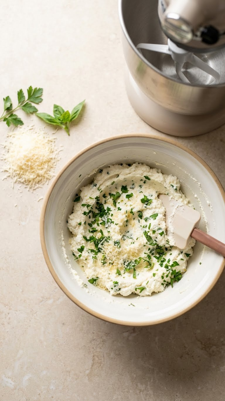 Creamy, Fluffy Ricotta Cheese Mixture With Fresh Herbs And Grated Parmesan In A Ceramic Mixing Bowl, Prepared For A Delicious Italian Dish.