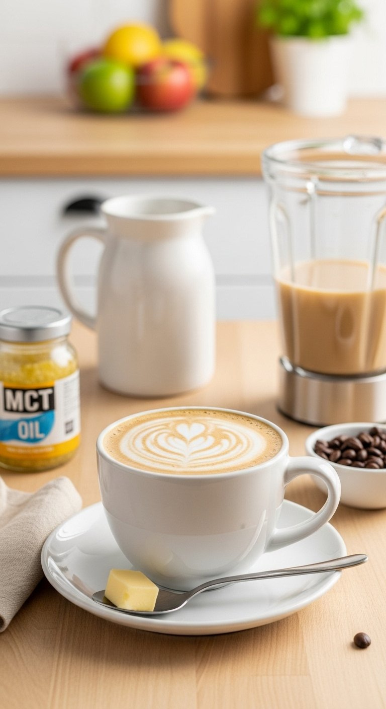Creamy Frothy Bulletproof Coffee In A Minimalist Mug With Mct Oil And Blender Nearby.